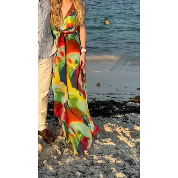 LAUREN RALPH LAUREN Multicolor Tie-Dye Chiffon A-Line Sleeveless Mekkac Gown 4 - Picture 5 of 12